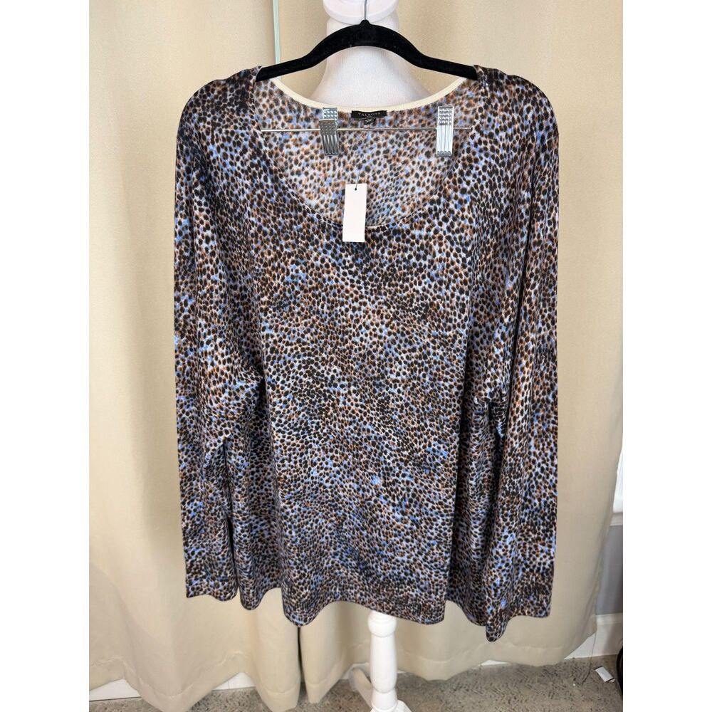 Talbots Plus 3X 100% Merino Wool Sweater Leopard Print Blue Brown